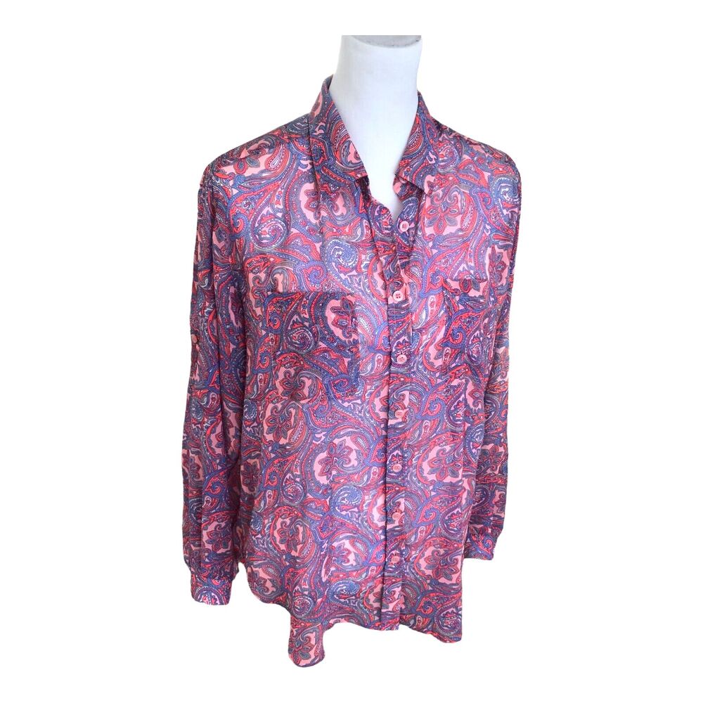 VICTORIAS SECRET Sheer Floral Paisley Button Up Blouse‎ Bright Neon Pink Size S